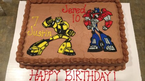 Transformers cake bumble bee and Optimus prime Transformers Sheet Cake, Bee Sheet Cake, Bumble Bee And Optimus Prime, Transformers Cake, Transformer Party, Family Birthday, Party Funny, Family Birthdays, Optimus Prime