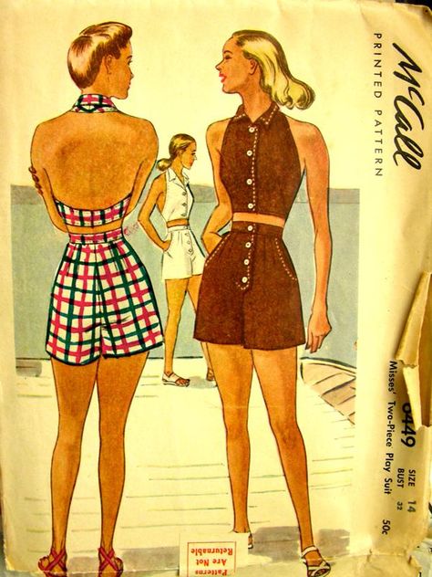 McCall 6449 | via Vintage Pattern Wiki. Vintage Beachwear, Beach Playsuit, Pattern Crop Top, Patron Vintage, Play Suit, English And French, Suit Pattern, Look Retro, Vintage Dress Patterns