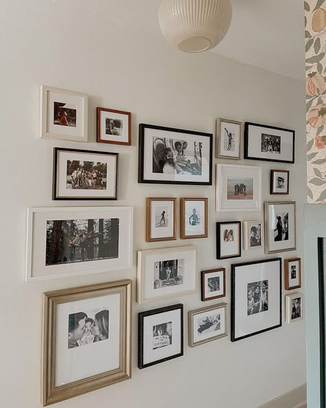 Assorted Photo Frame Wall, Frames Collage Wall, Framed Wall Collage Aesthetic, Apartment Photo Wall Ideas, Full Gallery Wall Living Room, Gallery Wall With Small Frames, Mix And Match Picture Frame Wall, Modern Farmhouse Gallery Wall Ideas, Mismatched Frame Gallery Wall