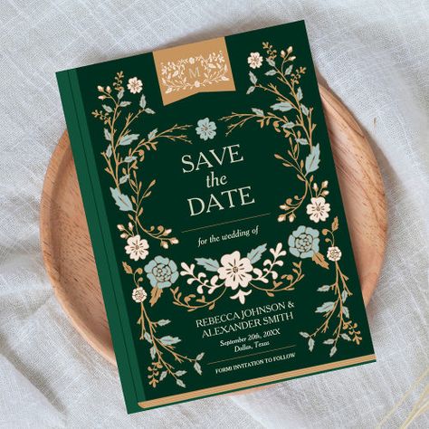 $3.03 | Vintage Library Book Save the Date | Popular Save the Date Cards | vintage, book, cover, library, wedding, green, save the dates, photo, printable, template Book Cover Wedding Invitation, Save The Date Book Theme, Book Themed Save The Dates, Bookish Wedding Invitations, Bookish Wedding Ideas, Book Save The Date, Literary Wedding Theme, Bookish Wedding, Artsy Wedding