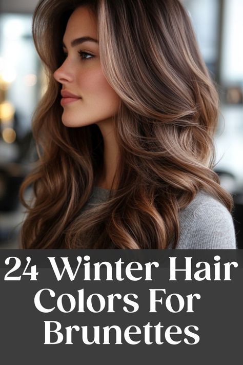 Transform your locks with the coolest winter hair color ideas for brunettes! Stay on trend this season and rock a new hue that will have you standing out in the snow. From rich chocolate tones to warm caramel highlights, we've got the perfect shades to elevate your winter hair game. Whether you're looking for a subtle change or a bold transformation, these winter hair colors for brunettes will have you slaying all season long. 2 Tone Brown Hair Color, Long Brown Hair With Layers Wavy, Balayage For Neutral Skin Tone, Chocolate With Caramel Highlights, Winter Brunette Hair Color Highlights, Fun Brown Hair Color Ideas, Winter Hair Balayage, Warm Tone Highlights, Fun Highlights For Brunettes