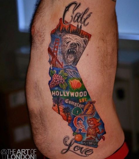 This style but all Minnesota Cali Bear Tattoo, California State Tattoos, La Tattoos Ideas, California Bear Tattoos, Cali Tattoo, State Tattoos, San Diego Skyline, California Tattoo, Skyline Sunset