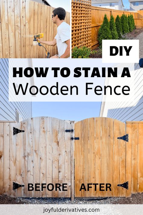 How to Stain a Wooden Fence (Ultimate Guide) - Joyful Derivatives Diy Wooden Fence, Staining Wood Fence, Fence Stain, Fence Boards, Front Yard Fence, Wooden Fence, Picket Fence, Wood Fence, Wooden Garden