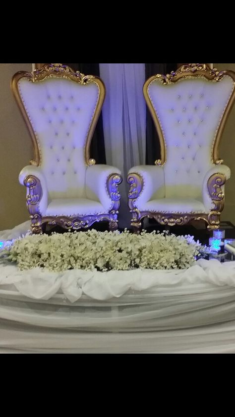 Thorn chairs with gold/silver accents.king and Queen wedding celebration. Theriot Events King And Queen Wedding, Quinceañera Planning, Royal Wedding Themes, Events Branding, Quince Stuff, Queen Wedding, Queens Wedding, Cinderella Theme, Lebanese Wedding