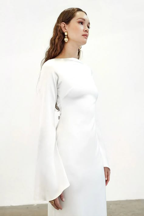 White Satin Modest Dress, Pearl Embellished White Dress, Elegant White Dress Aesthetic, Sophisticated White Dress, Chic Modest Wedding Dress, Sleek White Dress, Satin Plain Wedding Dress, White Satin Dress Outfit, White Modest Outfit