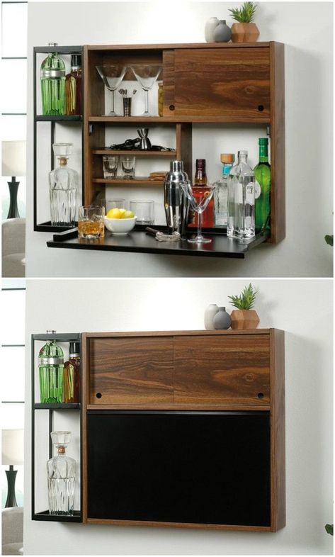 Fold Down Bar, Wall Bar Ideas, Wall Bar Cabinet, Alcohol Cabinet, Floating Side Table, Wall Mounted Bar, Bar Unit, Kitchen Storage Space, Modern Wall Shelf