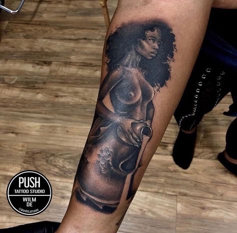 Black Capricorn Goddess Tattoo, Black Aquarius Woman Tattoo, Afro Centric Tattoo Black Women, Afrocentric Tattoos For Women Sleeve, Black Lady Tattoo, Afrocentric Tattoos For Women, Black Goddess Tattoo, African Queen Tattoo, Black Mermaids