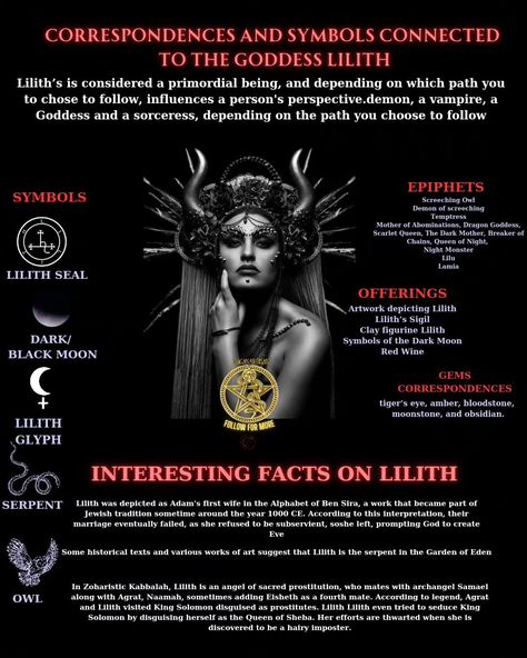 Embrace the power of **Lilith**! 🌙✨ Often seen as a symbol of independence and feminine strength, Lilith embodies the wild, untamed spirit of women. She represents empowerment, transformation, and the embrace of one’s true self. 🔮🔥 In mythology, Lilith is known as the first wife of Adam, who refused to submit and chose to stand in her power. She inspires us to break free from societal norms and embrace our authentic selves. 🌿✨ Join me in celebrating the divine feminine and the strength ... Spells For Femininity, Invoke Lilith, Who Is Lilith, Lilith Goddess Mythology, Goddess Lilith, Lady Lilith, Working With Lilith, Lilith Goddess, Lillith Goddess