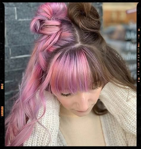 Hair Candy Hairstyles, Brown And Pink Hair, Half And Half Hair, Cotton Candy Hair, Split Dyed Hair, Candy Hair, Brown Hair Dye, Pastel Grunge, Split Hair