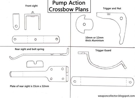 Below are the plans for the Pump Action Crossbow - ready to save and print Click to enlarge and right click to save Click to en... Diy Crossbow, Friction Folder, Pump Action, Survival Skills Life Hacks, Archery Bows, Bow Template, Survival Life Hacks, Bow Arrows, Crossbow