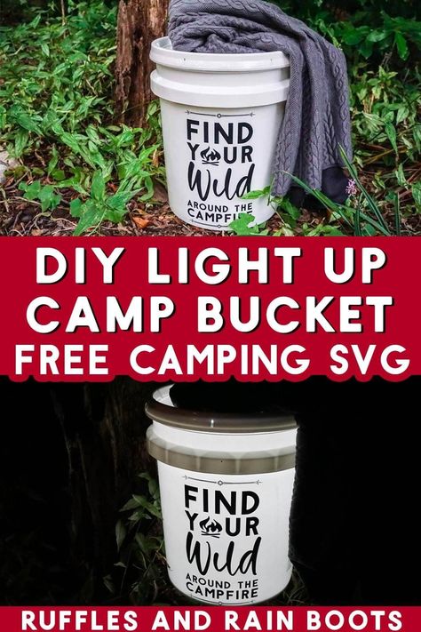 How to Make a Light Up Camp Bucket | Download the free camping SVG and make your own DIY light up camp bucket. Put this at the edge of the campsite or use it as a seat by the campfire. This easy Cricut for beginners project is so fun! | Follow RufflesAndRainBoots.com to see more summer craft ideas! Camping Buckets With Lights, Fall Apple Picking, Craft For Beginners, Cricut For Beginners, Summer Craft Ideas, Bucket Light, Creative Kids Crafts, Kids Camping, Outside Activities