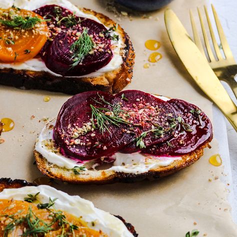 Beet Crostini with Almond Dukkah Beet Sandwich, Roasted Beetroot, Goat Cheese Crostini, Beet And Goat Cheese, Whipped Goat Cheese, Fresh Beets, Lemon Thyme, Goats Cheese, Lasagna Soup