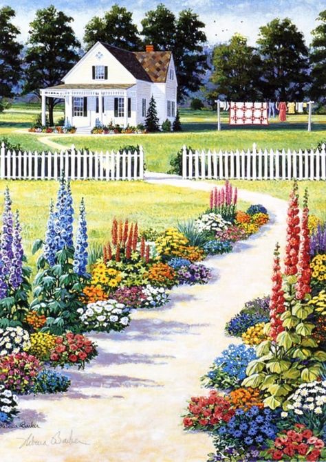 ] Farm Paintings, Cottage Art, Picture Quilts, American Folk Art, Country Art, House Painting, Art Quilts, Art Works, Landscape Art