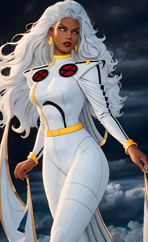 Storm (Ororo Munroe) - X MEN Storm Black Panther, Storm Xmen Cosplay, Storm Halloween Costume Xmen, Storm Hair Xmen, Cartoon Marvel Characters Art, Storm Costume Black Women, Super Hero Women Costume, Storm Xmen 97, Storm X Men Costume