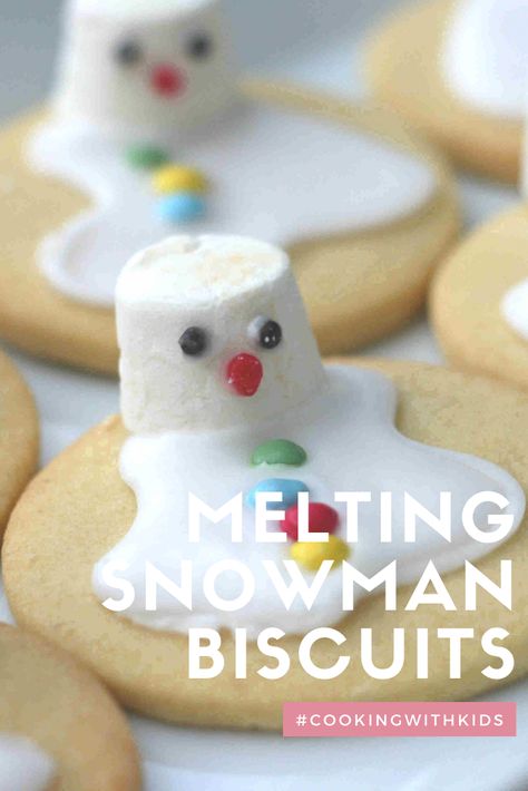 Baking For Kids Easy, Snowman Biscuits, Christmas Baking For Kids, Melting Snowman Cookies, Easy Baking For Kids, Christmas Biscuits Recipe, Baking With Toddlers, Easy Biscuits, Christmas Baking Easy