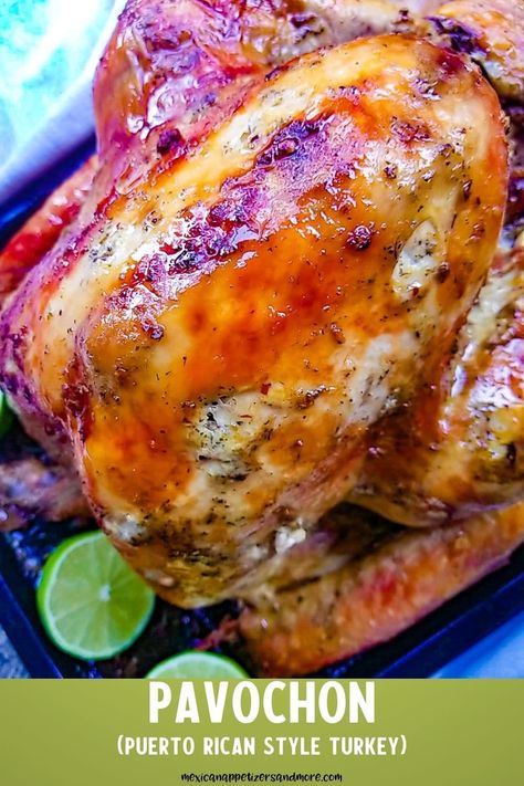 Pavochon, is Puerto Rican style turkey that has been marinated in delicious spices, lots of garlic and then roasted to crispy golden perfection. All the while serving the most succulent, moist and tender meat when sliced. If you have never made turkey this way, this year is the year to try it! You will never season your turkey any other way again! #pavochon #puertoricanstyleturkey #puertoricanturkey #puertoricanthanksgivingturkey via @mexicanappetizersandmore Turkey Marinade, Puerto Rican Style, Turkey Cooking Times, Turkey Seasoning, Whole Turkey Recipes, Mexican Appetizers, Whole Turkey, Turkey Recipes Thanksgiving, Spanish Dishes