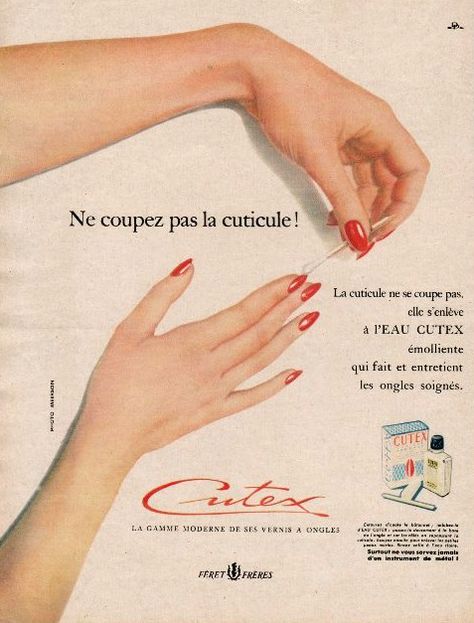 Publicité Vintage - Cutex - Eau Emolliente - 1953 1950s Nails, Sketchbook People, Nail Art Business, Nail Poster, Nail Branding, Sketch Figures, Collage Cut Outs, 50s Glam, Nail Ads