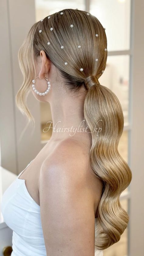 Pearl Hair Ponytail, Wedding Ponytail With Pearls, Ponytail Hairstyles With Pearls, Hair Pearls Hairstyles, Prom Hairstyles With Pearls, Ponytail With Pearls, Hair Styles With Pearls, Wedding Hair With Pearls, Bridal Hairstyles Ponytail