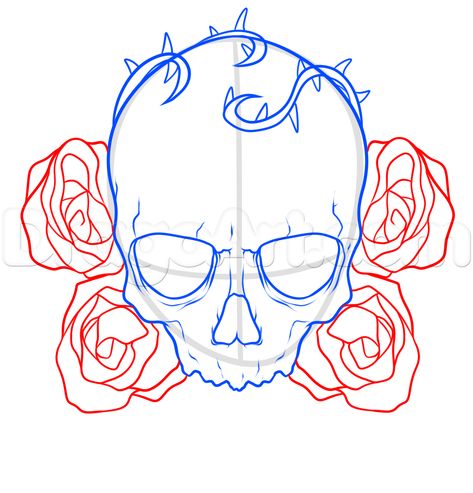 how to draw a skull and roses tattoo step 5 Skull And Rose Drawing, Skull Drawing Tattoo, Skull Drawing Sketches, Easy Skull Drawings, Skull Coloring, Simple Skull, Skull Sketch, Skull Coloring Pages, Skull Art Drawing