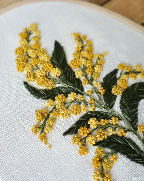 Golden Wattle Embroidery, Golden Rod Embroidery, Goldenrod Embroidery, Linen Headbands, Mustard Embroidery, Marigold Embroidery, Embroidered Wildflowers, Sunflower Embroidery, French Knot Embroidery