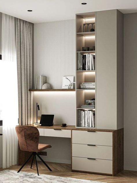 Workspace In Bedroom, Bedroom Workspace Ideas, Neutral Desk, Beige Interiors, Apartemen Studio, Home Study Rooms, Office Idea, Study Table Designs, Modern Home Offices