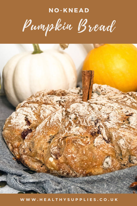 This No-Knead Pumpkin Bread is a show-stopping centrepiece for your fall table! It’s made with real pumpkin purée, crunchy seeds, and sweet dried cranberries. Enjoy it warm with a pat of vegan butter, or serve it with your favourite soup for a comforting meal. Whether for breakfast, dessert, or a snack, this pumpkin bread is a seasonal delight! No Knead Pumpkin Bread, Pumpkin Bread Recipe, No Knead, Pumpkin Bread, Fall Table, Breakfast Dessert, Vegan Butter, Dried Cranberries, Pumpkin Puree