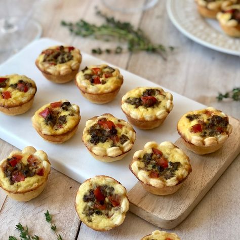 Mushroom & Goat Cheese Tartlets - The Kitchen Fairy Mushroom Tartlets, Mushroom Goat Cheese, Cheese Tartlets, Mushroom And Cheese, Caramelized Mushrooms, Savoury Tarts, Creamy Eggs, Tart Filling, Tart Baking