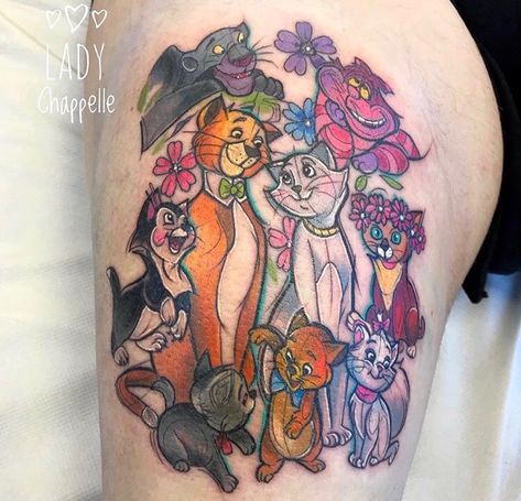 Disney Cats Tattoo, Disney Cat Tattoo, Alice And Wonderland Tattoos, Kitten Tattoo, Cats Tattoo, Nerd Tattoo, Wonderland Tattoo, Disney Cats, Disney Tattoos