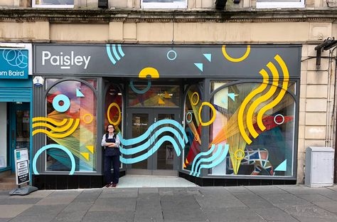 Rachel E Millar - Paisley is Graphic Window Display, Painted Shop Windows Store Fronts, Storefront Mural, Window Graphic Design Store Fronts, Window Wrap, Window Graphic, Shoe Store Design, Window Signage, Window Mural