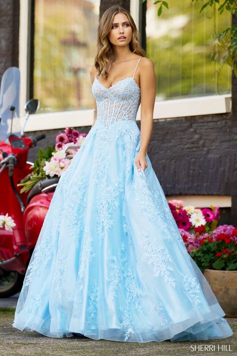 Buy dress style № 56211 designed by SherriHill Prom Video, Corset Ball Gowns, Fancy Stuff, Sherri Hill Prom, Prom 2024, Lace Evening Gowns, Sherri Hill Prom Dresses, Prom Dress Stores, Pretty Princess