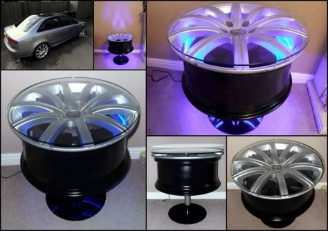 wheel rim tables | Thread: Bent Alloy Wheel recycling.....anyone for a coffee table? Wheel Table Ideas, Wheel Table, Mustang Wheels, Car Wheels Diy, Automotive Furniture, Wheel Craft, Camaro Car, Car Furniture, Wheel Decor