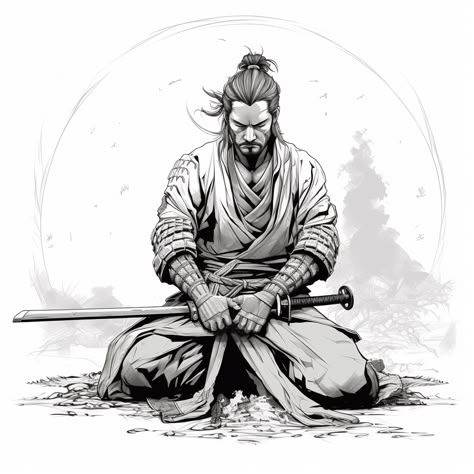 The Last Samurai Tattoo, Samurai Kneeling Tattoo, Samurai Warrior Drawing, Samurai Kneeling, Samurai Meditation, Ninja Drawing, Trippy Tattoo Ideas, Meditation Tattoo, Samurai Drawing