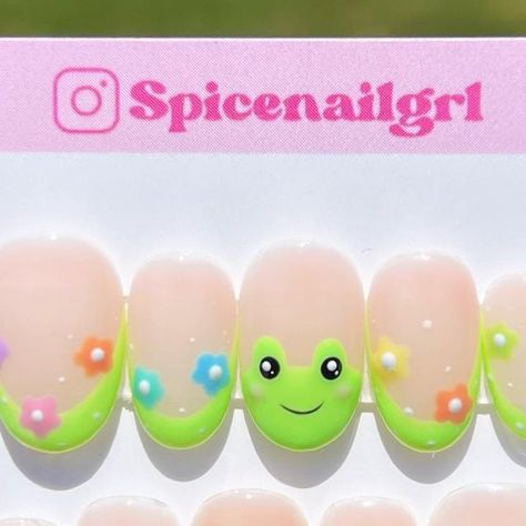 Sanrio Frog Nails, Frog Mushroom Nails, Frog Nails Designs, Cute Nails Frogs, Frog Nails French Tip, Frog Nails, Frog And Strawberry Nails, Acrylic Nails Almond Shape, Kawaii Nail Art