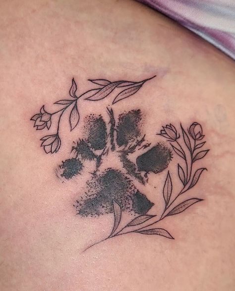 Actual Dog Paw Print Tattoo, Double Paw Print Tattoo, Paw Print Tattoo On Ribs, Dog Nose Print Tattoo With Flowers, Paw Print Tattoo Flowers, Paw Print With Flowers Tattoo, Nose Print Tattoo Dog, Paw Print Tattoo Dog Memories, Floral Paw Print Tattoo