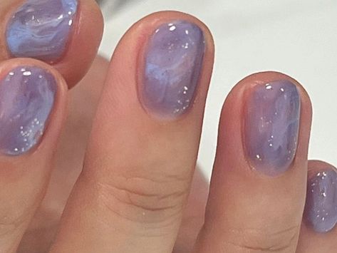 Purple nails Purple Nails Jelly, Cateyes Nails Design Short, Purple Cateye Nail, Purple Cute Nails, Purple Pearl Nails, Omakase Nails, Lavender Prom Nails, Purple Birthday Nails, Purple Jelly Nails