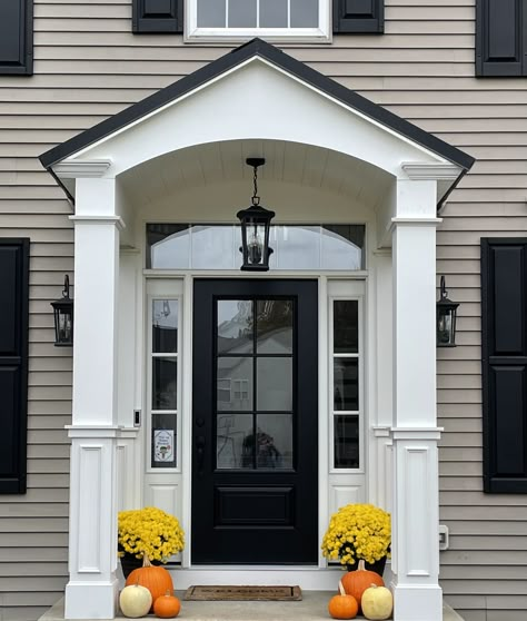 Colonial Front Porch Addition, Colonial With Portico, Colonial House Front Door Overhang, Add Portico To Front Door, Colonial Front Door Ideas, Colonial Style Exterior, Portico Addition, Front Porch Overhang, Colonial Revival Exterior