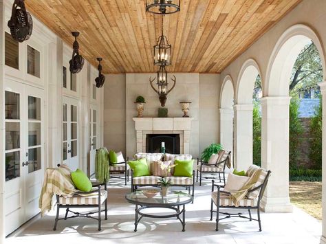 Pecky Cypress Ceiling Traditional Porch, Porch Design Ideas, Tongue And Groove Ceiling, Outdoor Hanging Lanterns, House With Porch, Porch Design, Mediterranean Homes, Wood Ceilings, Outdoor Rooms