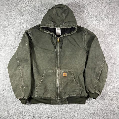 Vintage Carhartt Hooded Lined Active Jacket 2XL Tall... - Depop Y2k Finds, Carhartt Active Jacket, Carhartt Jackets, Coats Vintage, Men Carhartt, Active Jacket, Vintage Carhartt, Fade Color, Moss Green