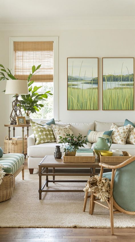 Coastal Living Room Decor Inspiration Coastal Green Living Room, Coastal Living Room Decor Ideas, Green Coastal Living Room, Beachy Interior Design, Coastal Mood Board, Vintage Coastal Decor, Coastal Living Room Decor, Coastal Cottage Style, Coastal Decorating Living Room