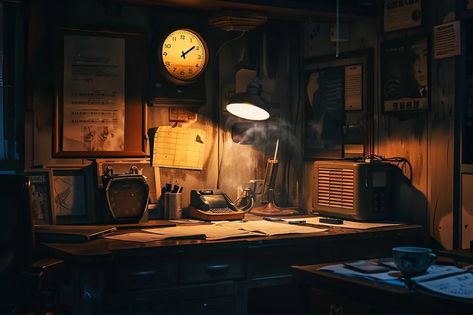 The image is a dark and moody detective office. There is a large wooden desk in the center of the room, covered in papers and files ->> more details in ai-img-gen.com Detectives Office, Detective Room, Dark Detective, Detective Office, Large Wooden Desk, Clock On The Wall, Colour Mood, Cabinets And Shelves, Detective Aesthetic