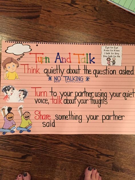 Anchor Charts First Grade, Kindergarten Anchor Charts, Turn And Talk, Teaching Classroom Management, Classroom Charts, Classroom Anchor Charts, Math Anchor Charts, Classroom Strategies, Reading Anchor Charts