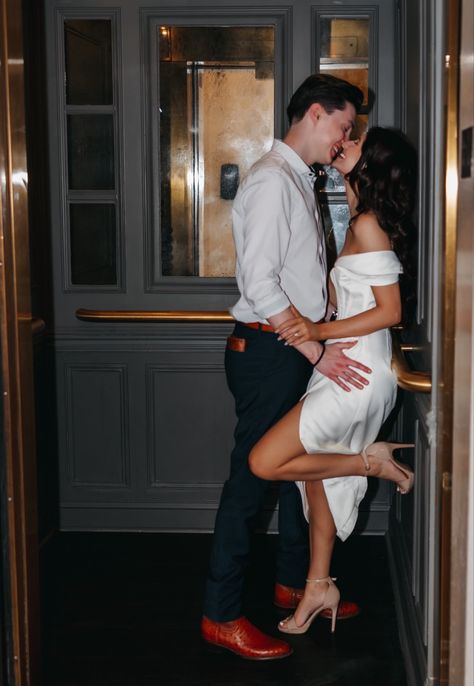 Hotel Engagement Photos Hotel Lobby Aesthetic Photoshoot, Hotel Lobby Pictures, Living Room Engagement Photos, Hotel Room Engagement Photos, Hotel Engagement Shoot, Elevator Photoshoot, Hotel Engagement Photos, Classic Engagement Photos, Indoor Engagement Photos