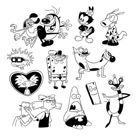 Flash Art Tattoos, Cartoon Tattoo, Kunst Tattoos, Cartoon Character Tattoos, Flash Tattoo Designs, Tattoo Flash Sheet, Doodle Tattoo, White Drawing, 90s Cartoon