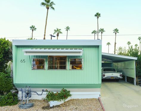 Mid Century Palm Springs Trailer Mobile Home | Rent this location on Giggster Mid Century Trailer, Palm Springs Trailer Park, Louvered Windows, Unique Christmas Trees Themes, Modern Mobile Homes, Mid Century Palm Springs, Vintage Trailers Restoration, San Jacinto Mountains, Mobile Home Exteriors