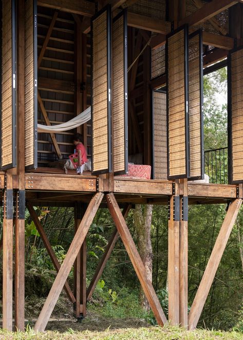 Open Shutters, Black Cabin, Eco Village, Forest Lodge, Timber Architecture, Small Terrace, Bamboo Architecture, Wood Architecture, Bamboo House