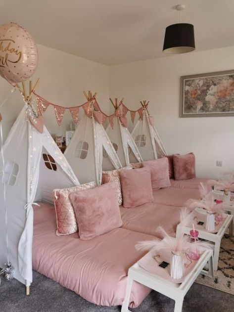 Cozy pink tents for a dreamy sleepover Pink Aesthetic Sleepover, Sleepover Ideas For Birthday Party, Pink Tent Sleepover, Sleepover Ideas Tents, Pink Sleepover Birthday Party, Pink Birthday Slumber Party, Boujee Sleepover, Pink Birthday Sleepover Ideas, Sleepover Bday Party