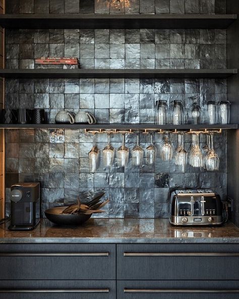 Pamela Moell Stiltje | Cheers 🥂 . From @trinityinteriors_ captured by @simon_devitt | Instagram Black Bar Backsplash, Zellige Tile Bar Backsplash, All Black Wet Bar, Black Zellige Tile Kitchen, Tiled Wet Bar, Black Backsplash Bar, Basement Bar Tile Backsplash, Moody Bar Area, Black Tile Backsplash Bar