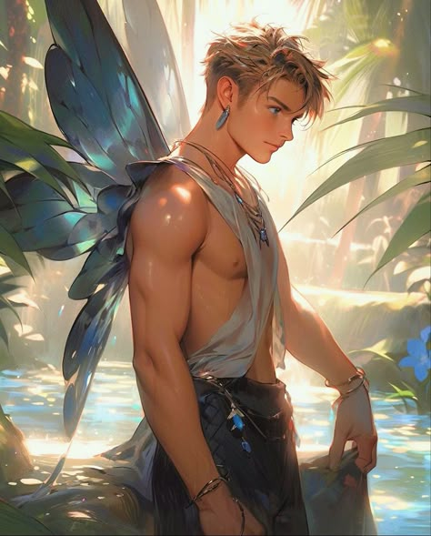 Male Fire Fairy, Dnd Curses, Male Fairy Oc, Male Faerie Art, Male Faerie, Fae Male, Male Fairies, Fairy Man, Moon Sisters