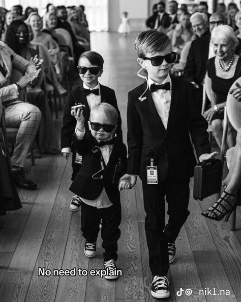 Ring Boy Security, Wedding Security Guard, Ring Bear Security, Nephews In Wedding Cute Ideas, Kids Wedding Ring, All Black Ring Bearer Outfit, Three Ring Bearers, 3 Ring Bearers Boys, Winter Wedding Ring Bearer Outfit