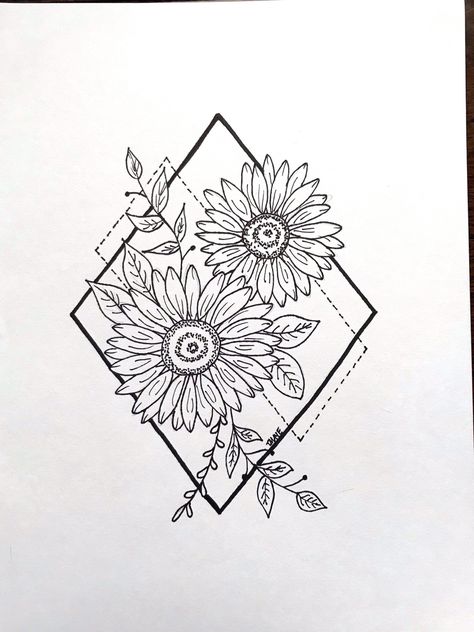 Drawing Sunflowers, Geometric Sunflower, Sunflower Sketches, Sharpie Drawings, Sunflower Drawing, Sunflower Tattoos, Black And White Art Drawing, Sharpie Art, Diy Tattoo